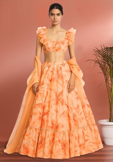 Peach Organza Embroidered Lehenga Set