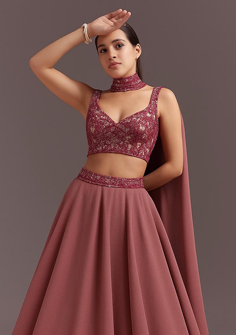 Red Sequin Blouse Net Lehenga Set