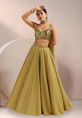 Golden Sequin Blouse Net Lehenga Set