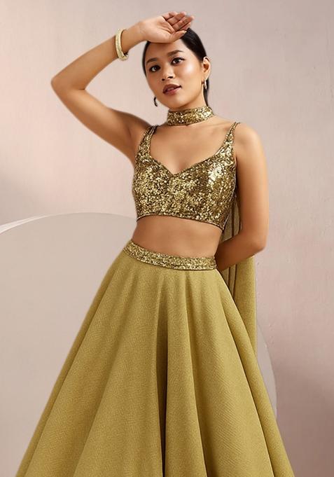Golden Sequin Blouse Net Lehenga Set