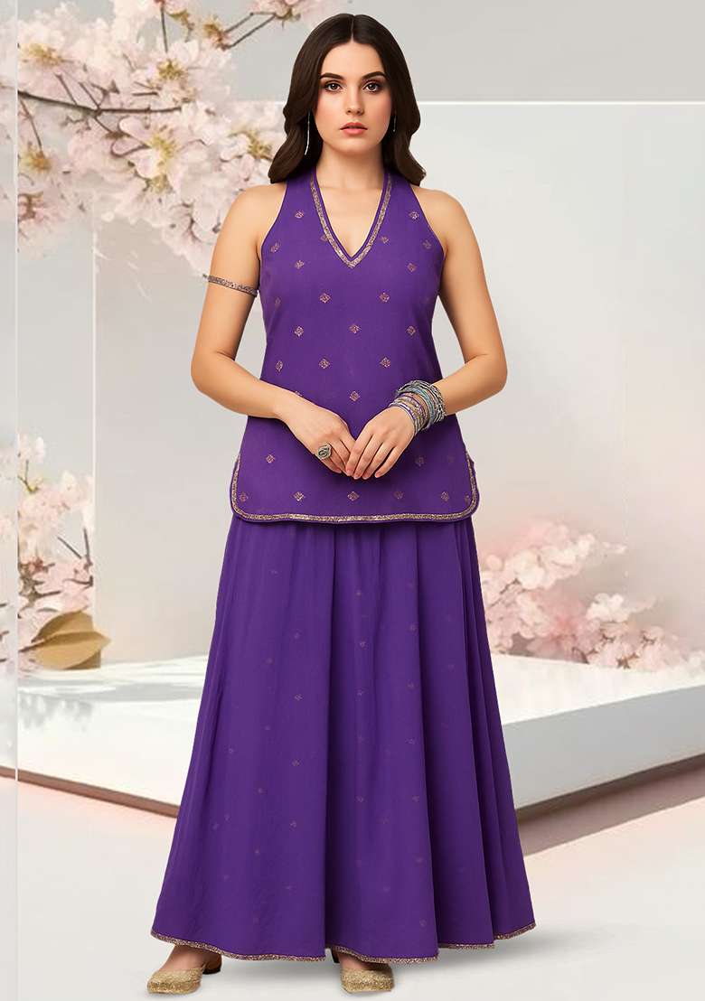 Purple Embroidered Georgette Fusion Set - Indya