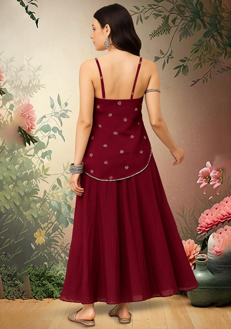 Red Embroidered Georgette Fusion Set - Indya