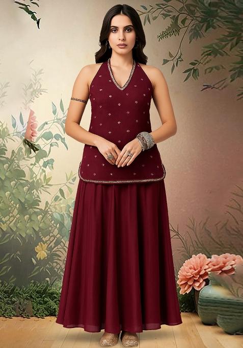 Red Embroidered Georgette Fusion Set