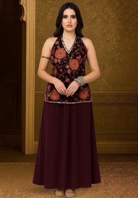 Red Embroidered Georgette Fusion Set