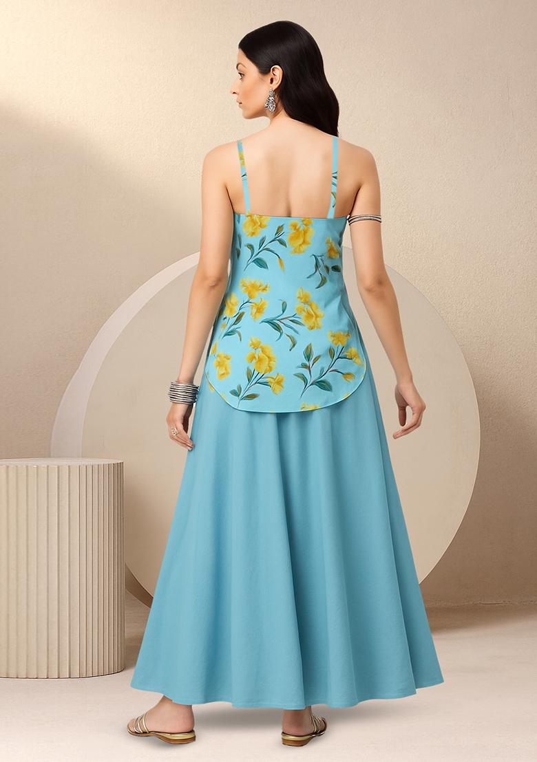 Blue Floral Print Georgette Fusion Set - Indya