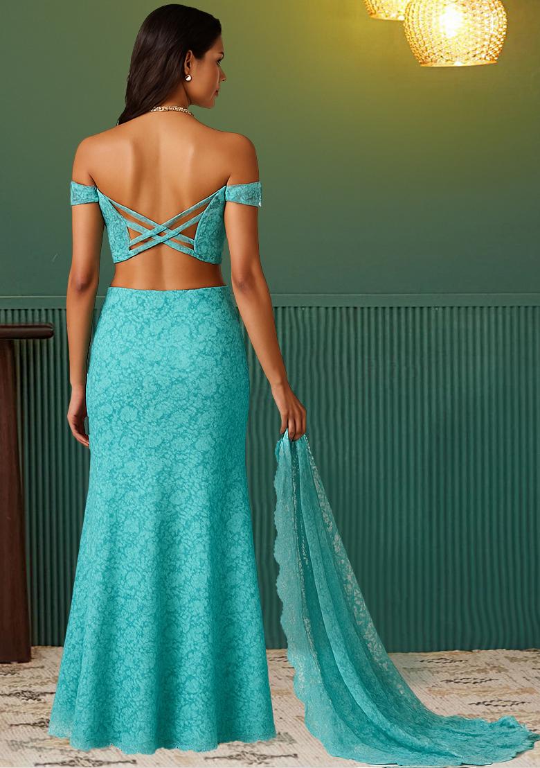 Sky Blue Net Embroidered Lehenga Set - Indya