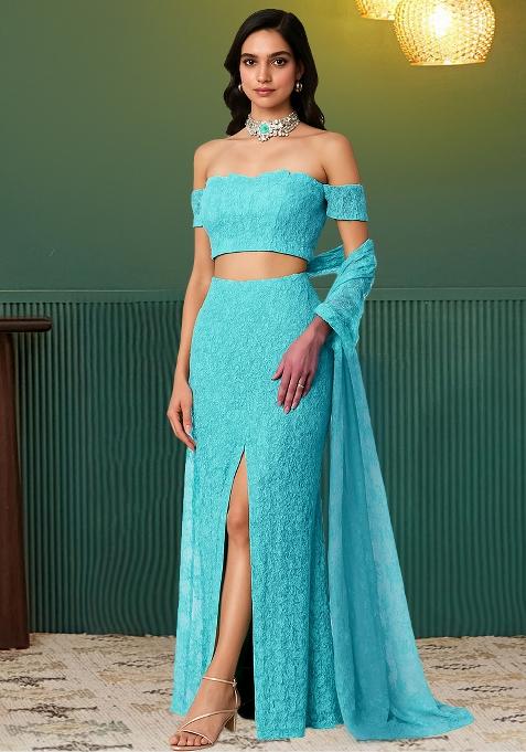 Sky Blue Net Embroidered Lehenga Set