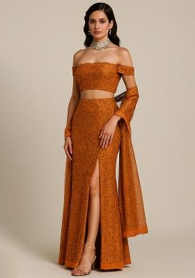 Orange Net Embroidered Lehenga Set