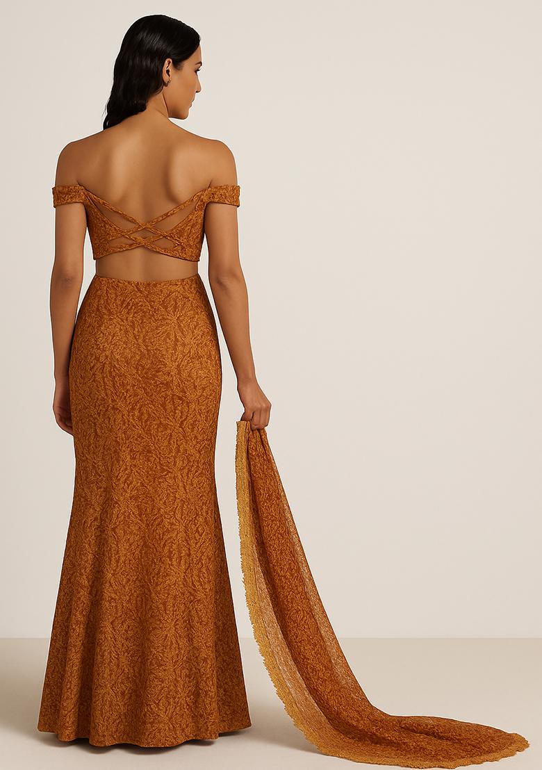 Orange Net Embroidered Lehenga Set - Indya