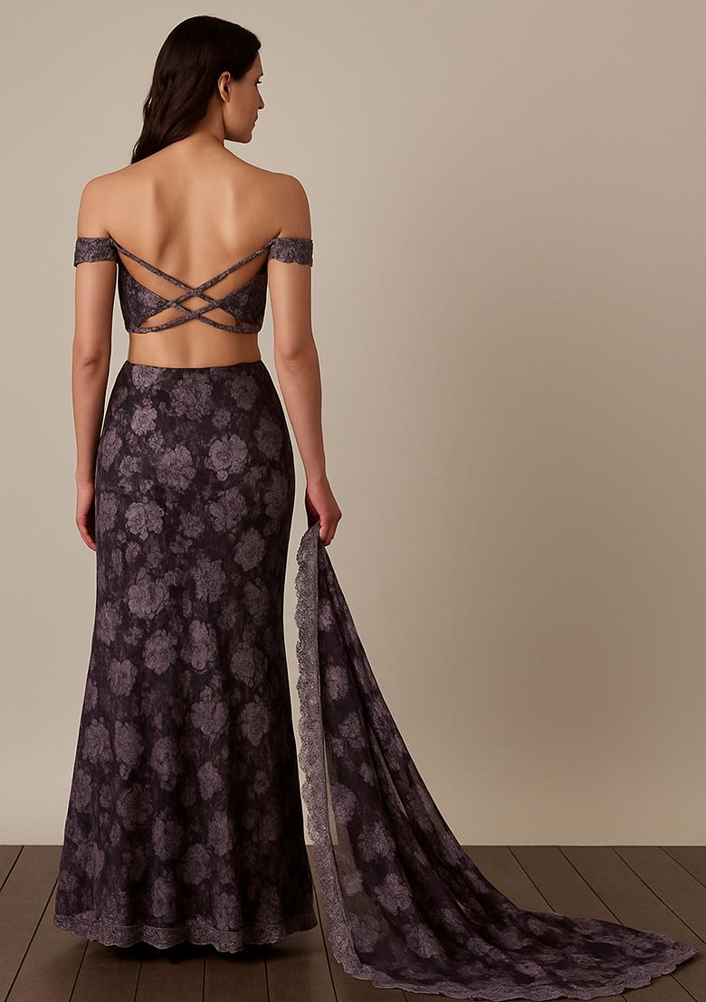 Purple Net Embroidered Lehenga Set - Indya