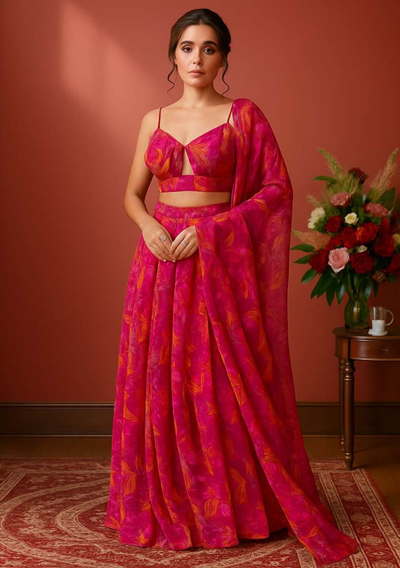 Magenta Pink Floral Printed Chinon Lehenga Set - Indya