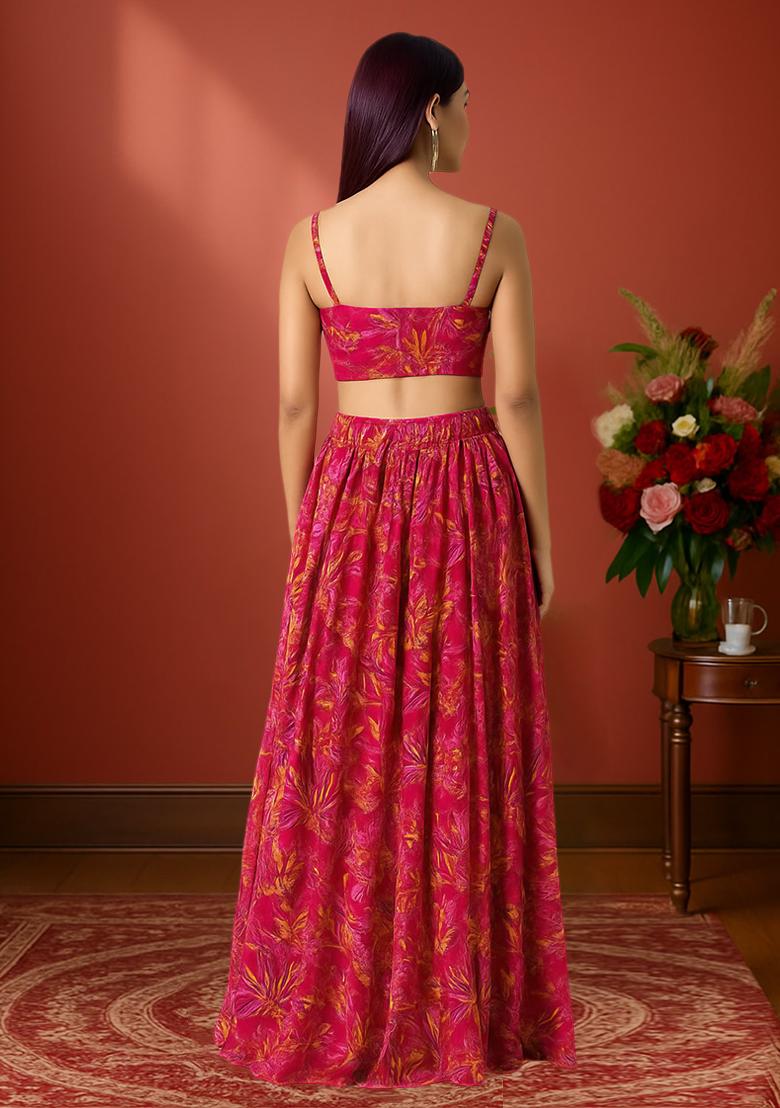 Magenta Pink Floral Printed Chinon Lehenga Set - Indya