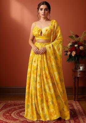 Yellow Floral Printed Chinon Lehenga Set