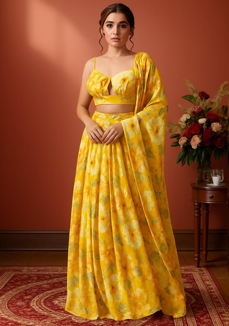 Yellow Floral Printed Chinon Lehenga Set
