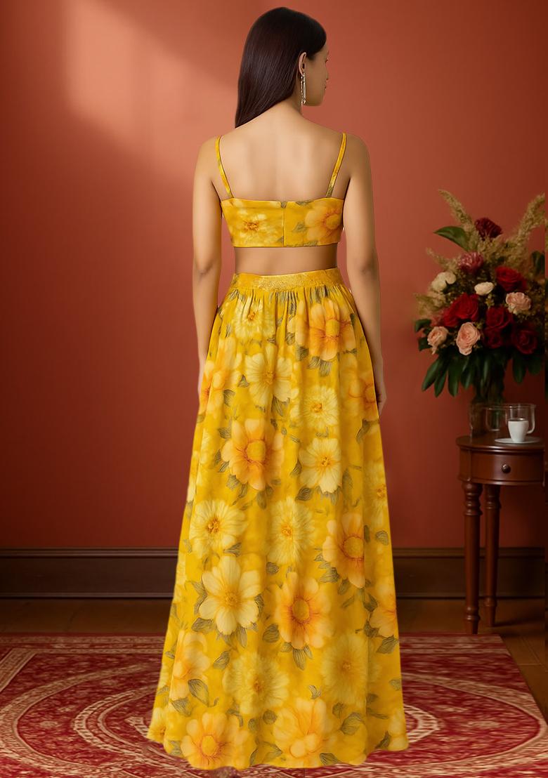 Yellow Floral Printed Chinon Lehenga Set - Indya