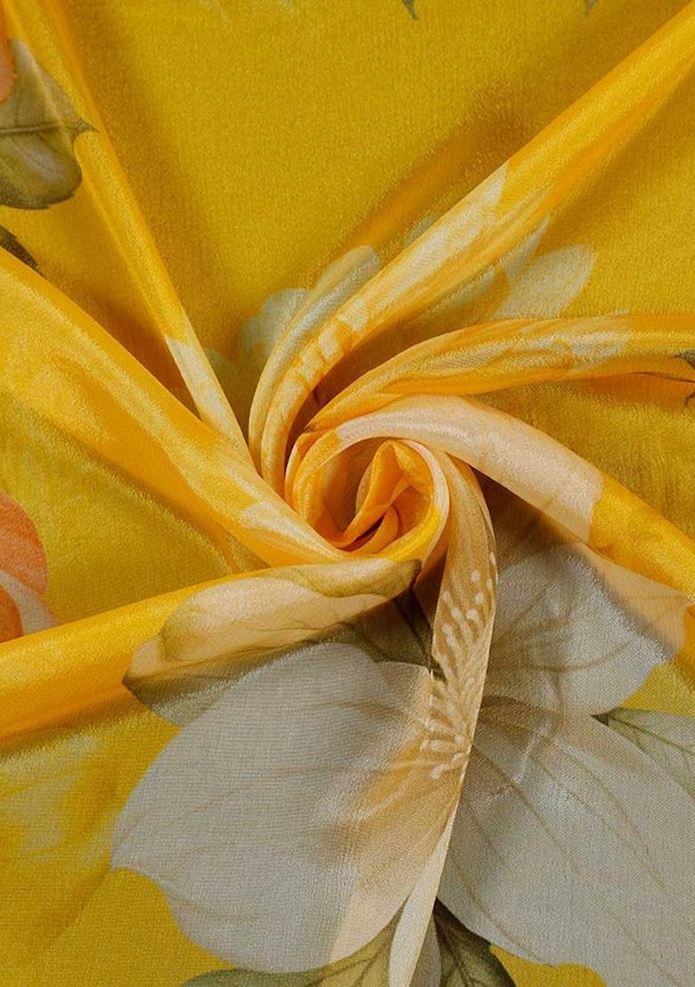 Yellow Floral Printed Chinon Lehenga Set