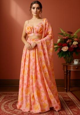 Pink Floral Printed Chinon Lehenga Set