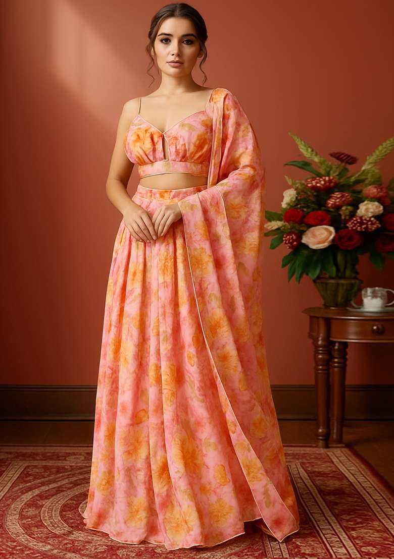 Pink Floral Printed Chinon Lehenga Set - Indya