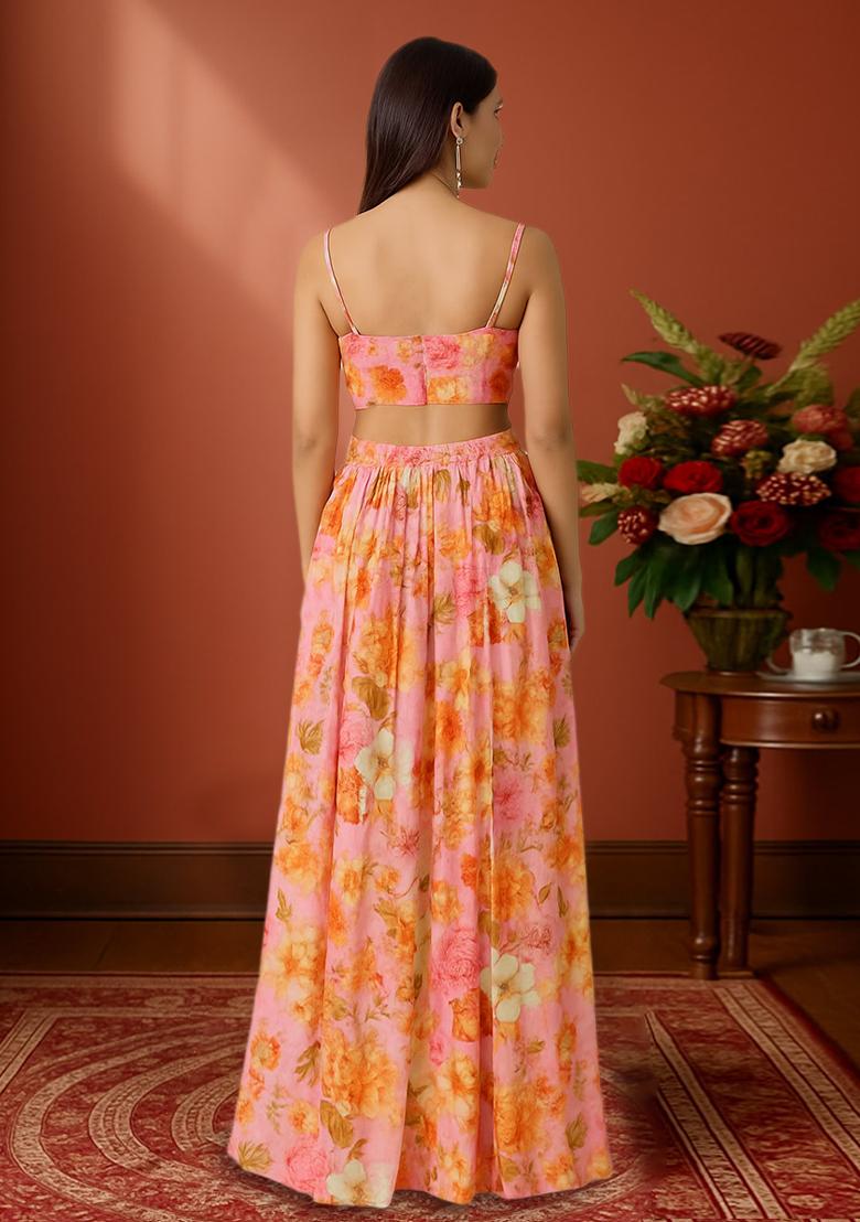 Pink Floral Printed Chinon Lehenga Set - Indya