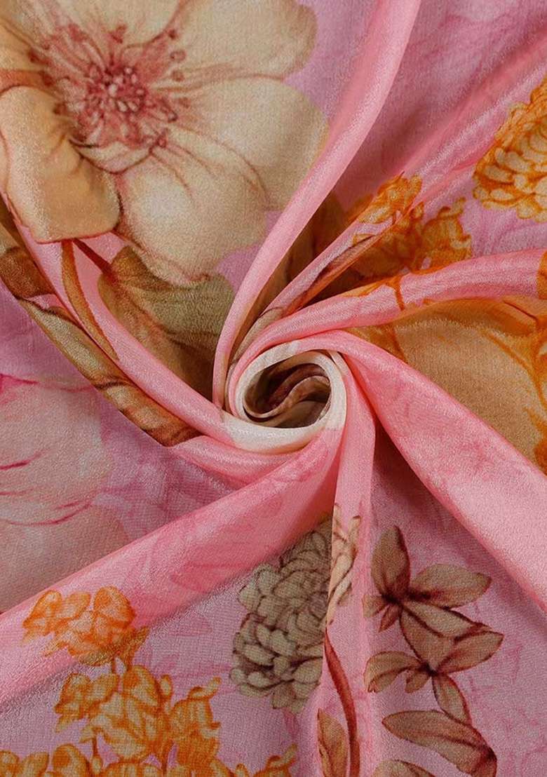 Pink Floral Printed Chinon Lehenga Set - Indya