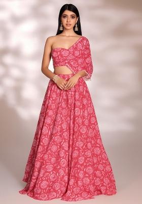 Pink Floral Printed Chinon Lehenga Set