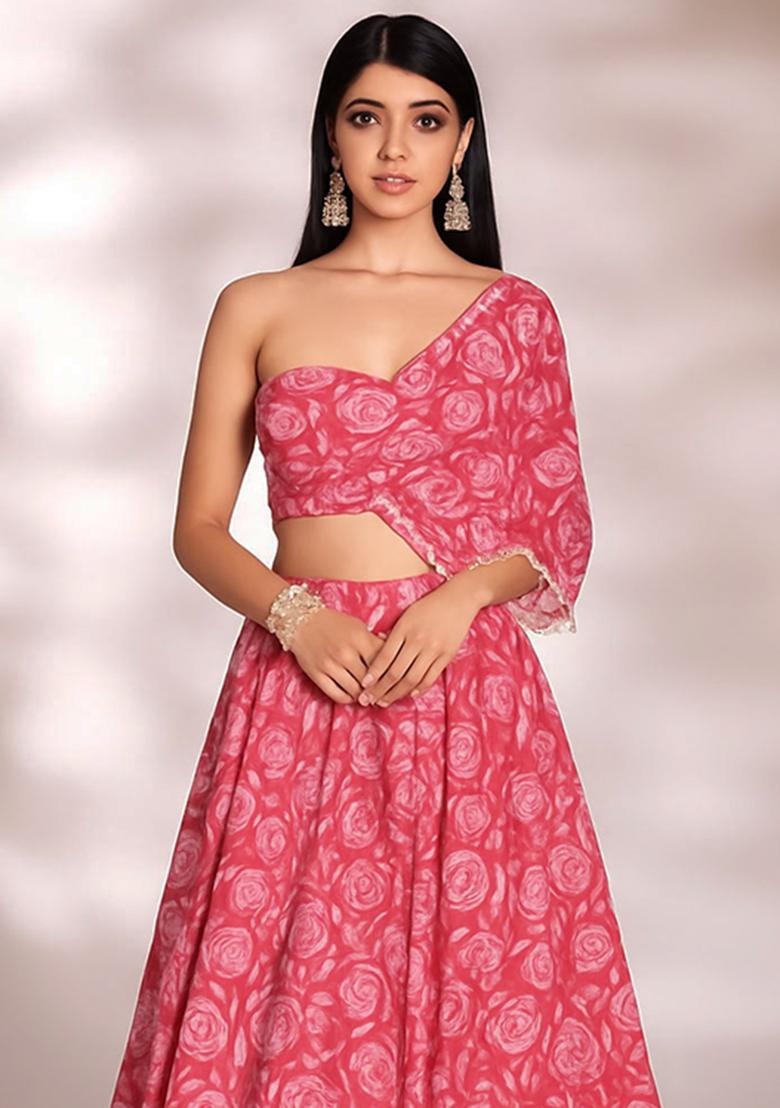 Pink Floral Printed Chinon Lehenga Set - Indya
