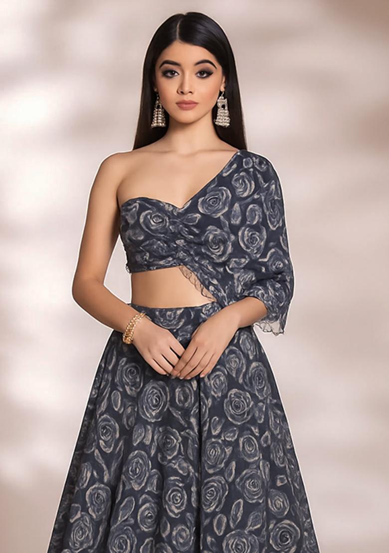Grey Floral Printed Chinon Lehenga Set - Indya