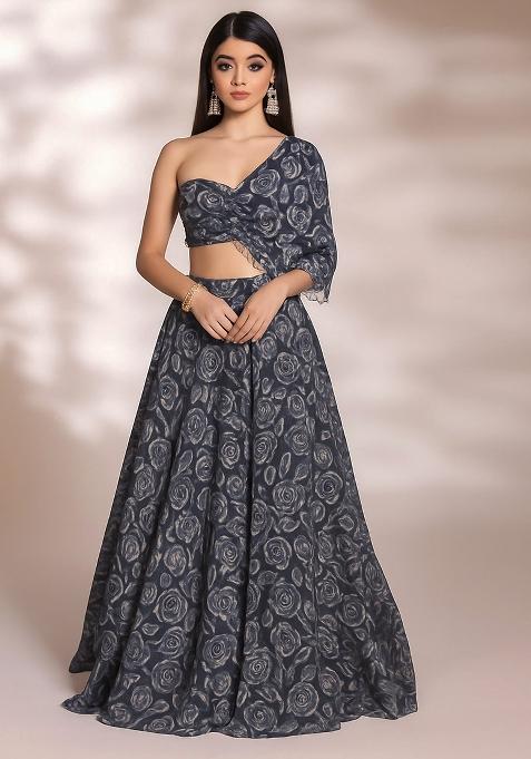 Grey Floral Printed Chinon Lehenga Set