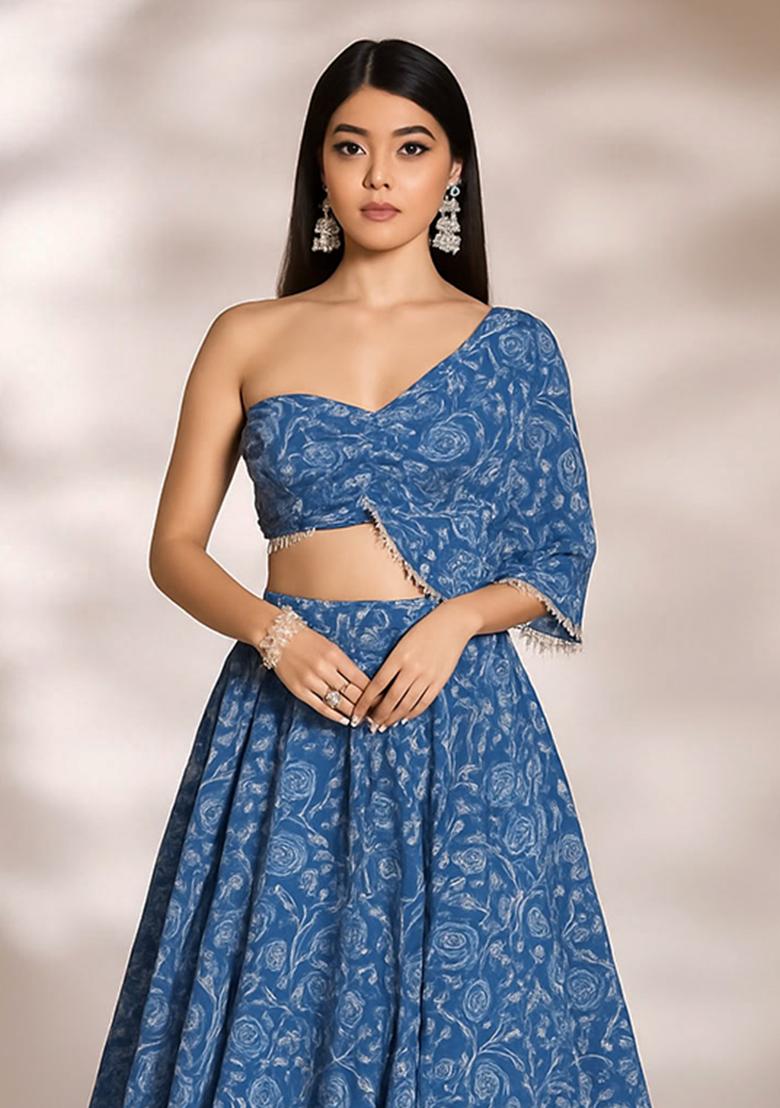 Blue Floral Printed Chinon Lehenga Set - Indya