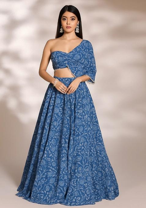 Blue Floral Printed Chinon Lehenga Set