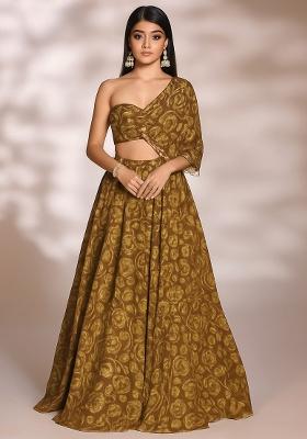 Mustard Floral Printed Chinon Lehenga Set