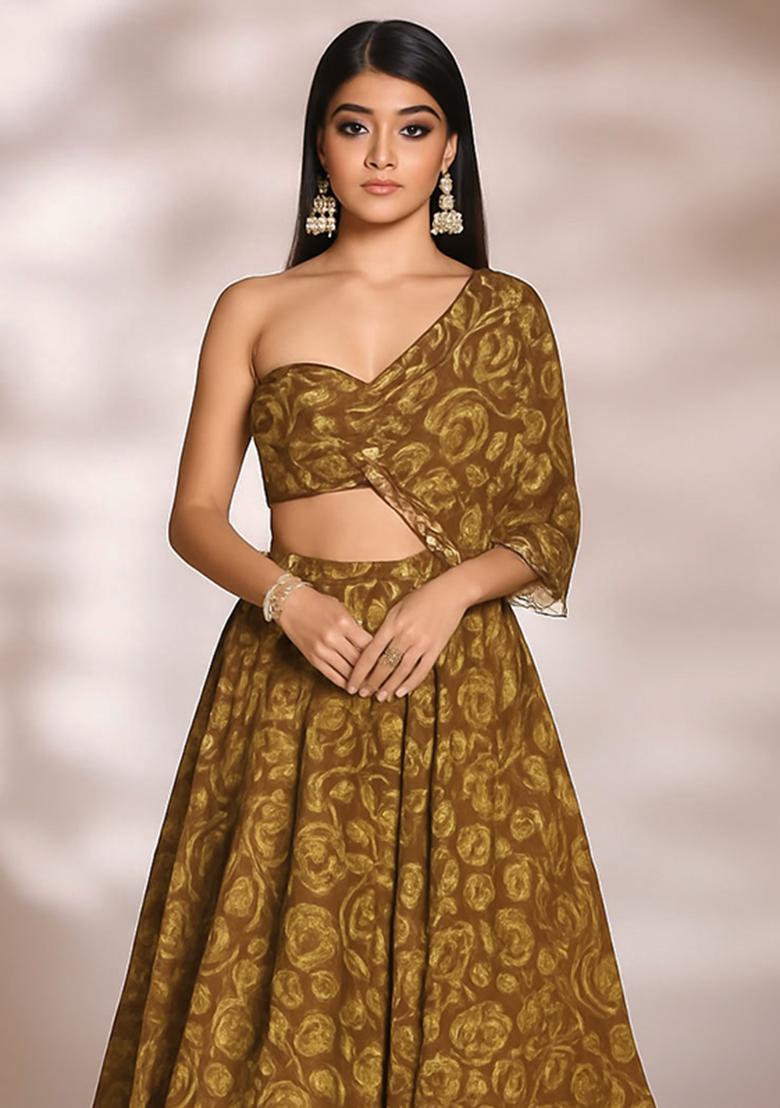 Mustard Floral Printed Chinon Lehenga Set - Indya