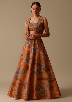 Brown Satin Floral Printed Lehenga Set