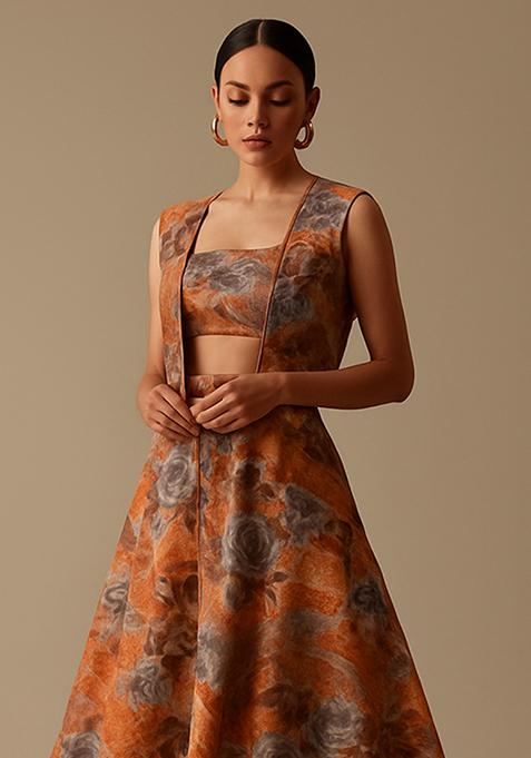 Brown Satin Floral Printed Lehenga Set