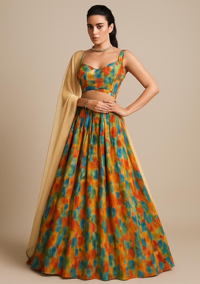 Multicolor Georgette Abstract Printed Lehenga Set