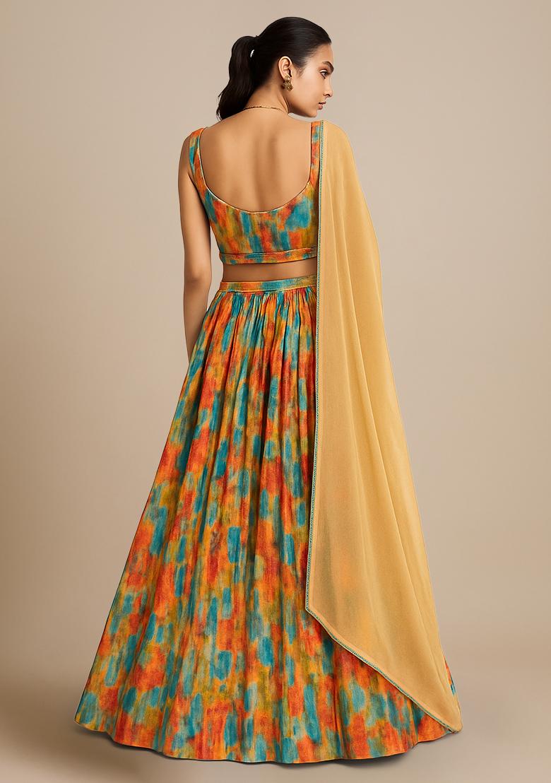 Multicolor Georgette Abstract Printed Lehenga Set