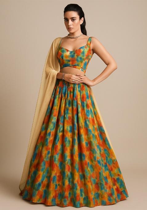 Multicolor Georgette Abstract Printed Lehenga Set