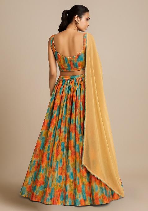 Multicolor Georgette Abstract Printed Lehenga Set