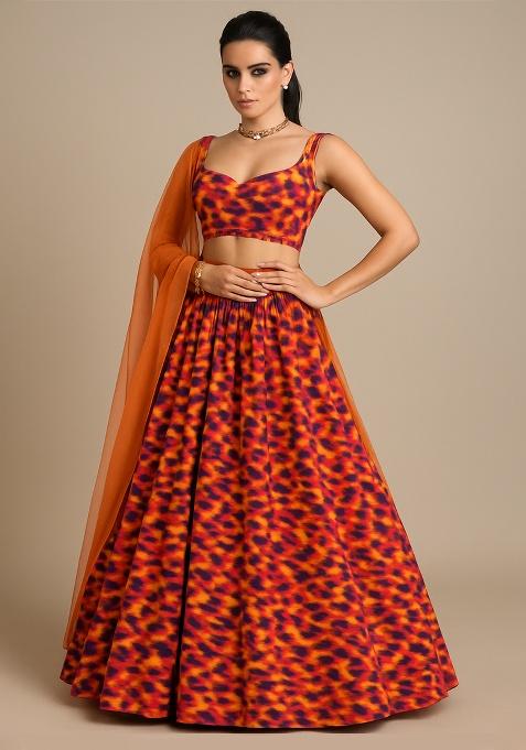 Multicolor Georgette Abstract Printed Lehenga Set