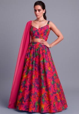 Multicolor Georgette Abstract Printed Lehenga Set
