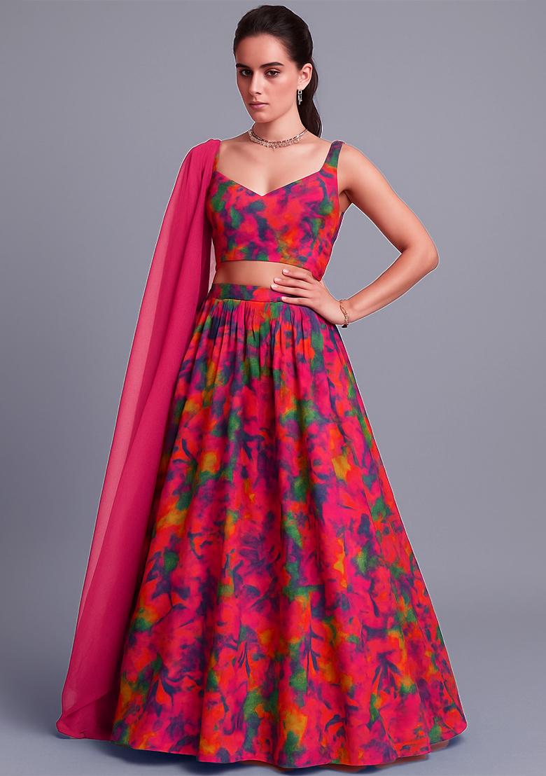 Multicolor Georgette Abstract Printed Lehenga Set