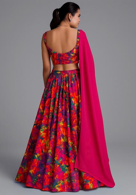 Multicolor Georgette Abstract Printed Lehenga Set