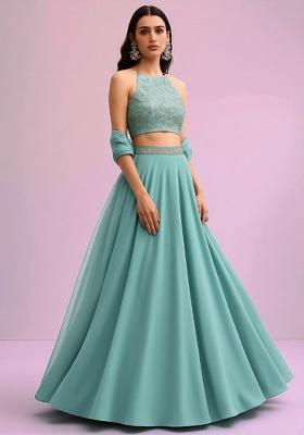 Pastel Blue Brocade Blouse Georgette Lehenga Set