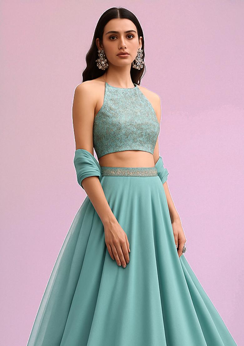 Pastel Blue Brocade Blouse Georgette Lehenga Set - Indya