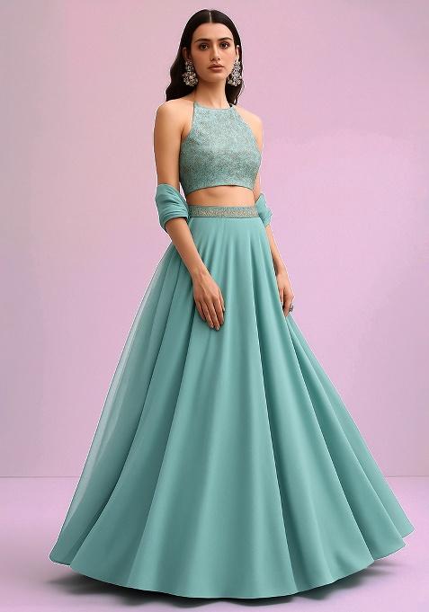 Pastel Blue Brocade Blouse Georgette Lehenga Set