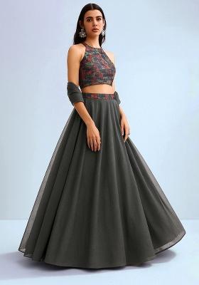 Grey Brocade Blouse Georgette Lehenga Set