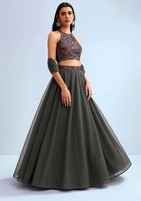 Grey Brocade Blouse Georgette Lehenga Set