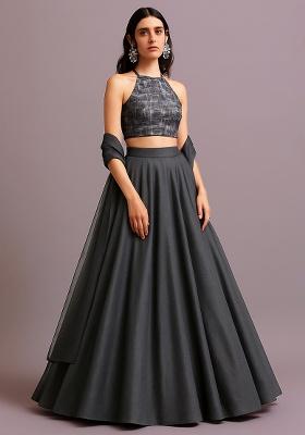 Grey Brocade Blouse Georgette Lehenga Set