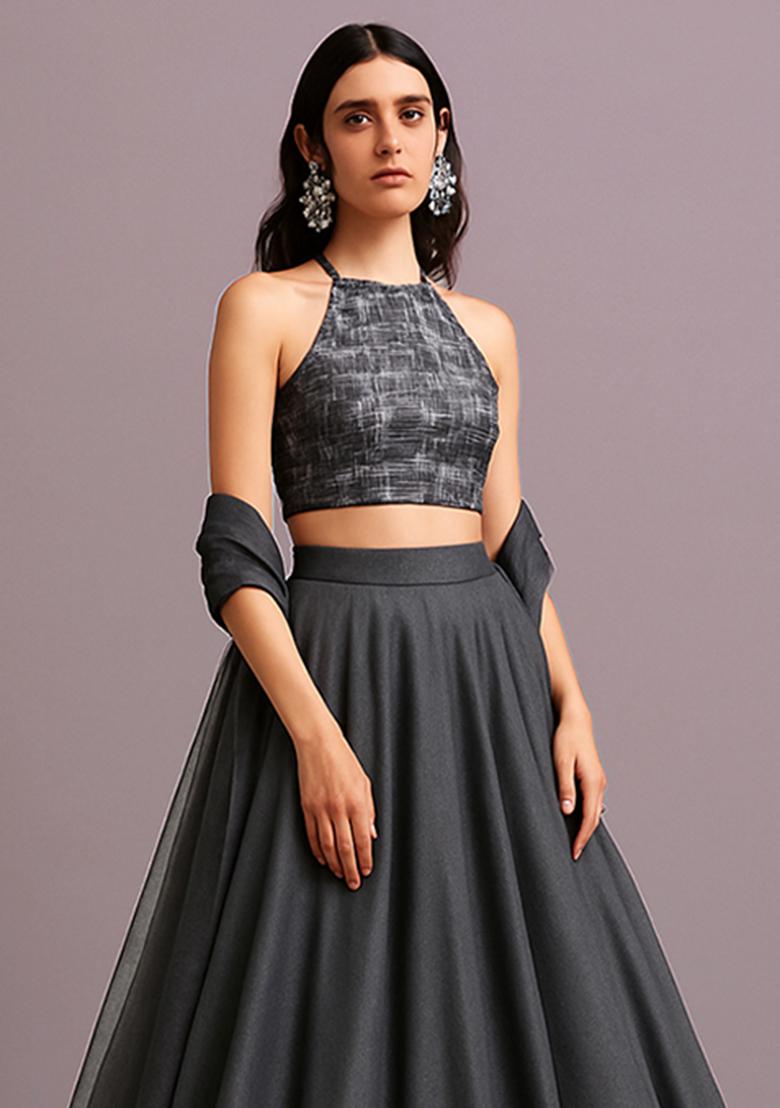 Grey Brocade Blouse Georgette Lehenga Set - Indya