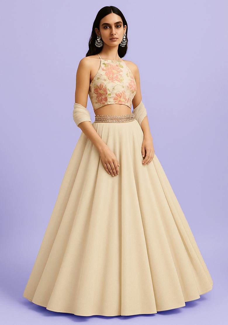 Cream Brocade Blouse Georgette Lehenga Set